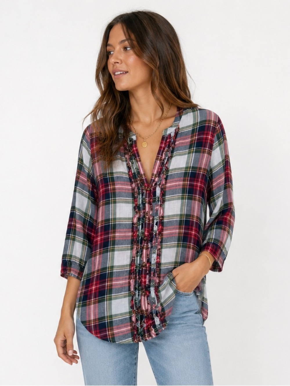 Abercrombie & Fitch Vintage Plaid Ruffle Trim Blouse L